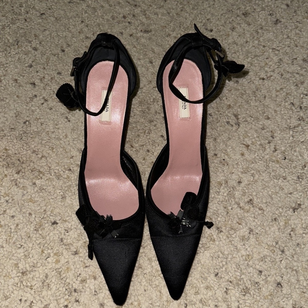 Prada Black Satin Pointed Toe Ankle Strap Heels w Floral details